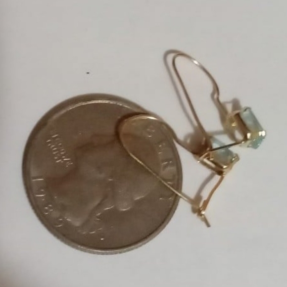 14k Solid Gold Emerald Cut Swiss Blue Topaz Threader Locking Designer Earrings - Picture 2 of 7